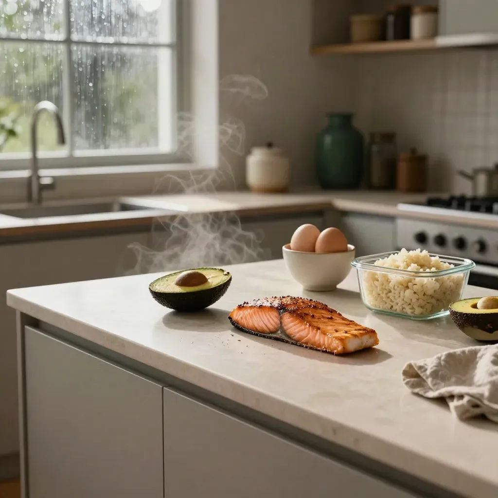 Moody UK kitchen island with salmon, eggs, avocado and cauliflower rice after rain.