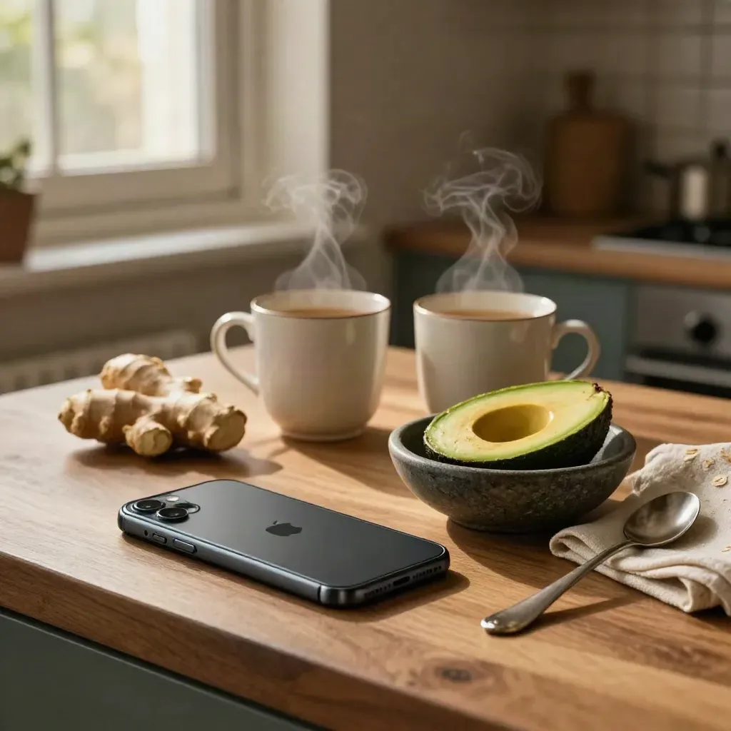 Face-down phone, steaming mugs, avocado slices and ginger on a warm kitchen counter.