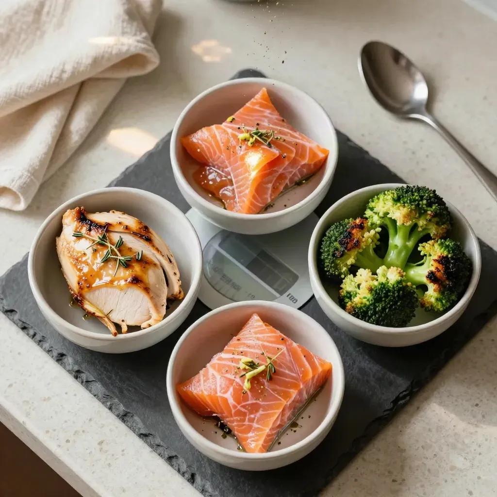Top-down macro of chicken, salmon and broccoli portions around a hidden kitchen scale