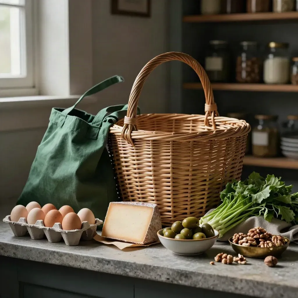 Forest-green tote and wicker basket with sorted keto groceries on a stone pantry shelf.
