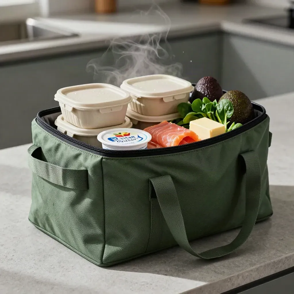 Green commuter bag with meal-prep tubs and grocery staples on a stone kitchen counter