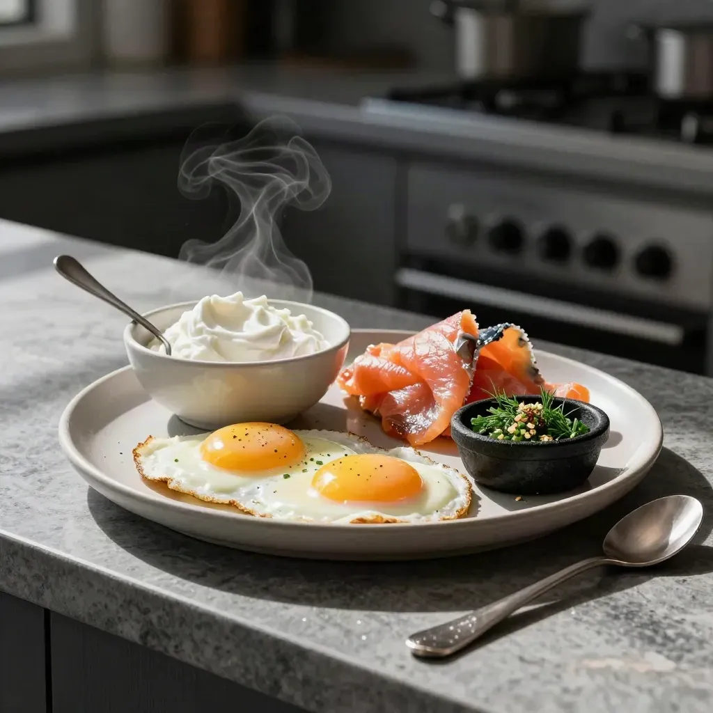 Stone counter with eggs, yoghurt, smoked salmon and herbs in dramatic morning light.