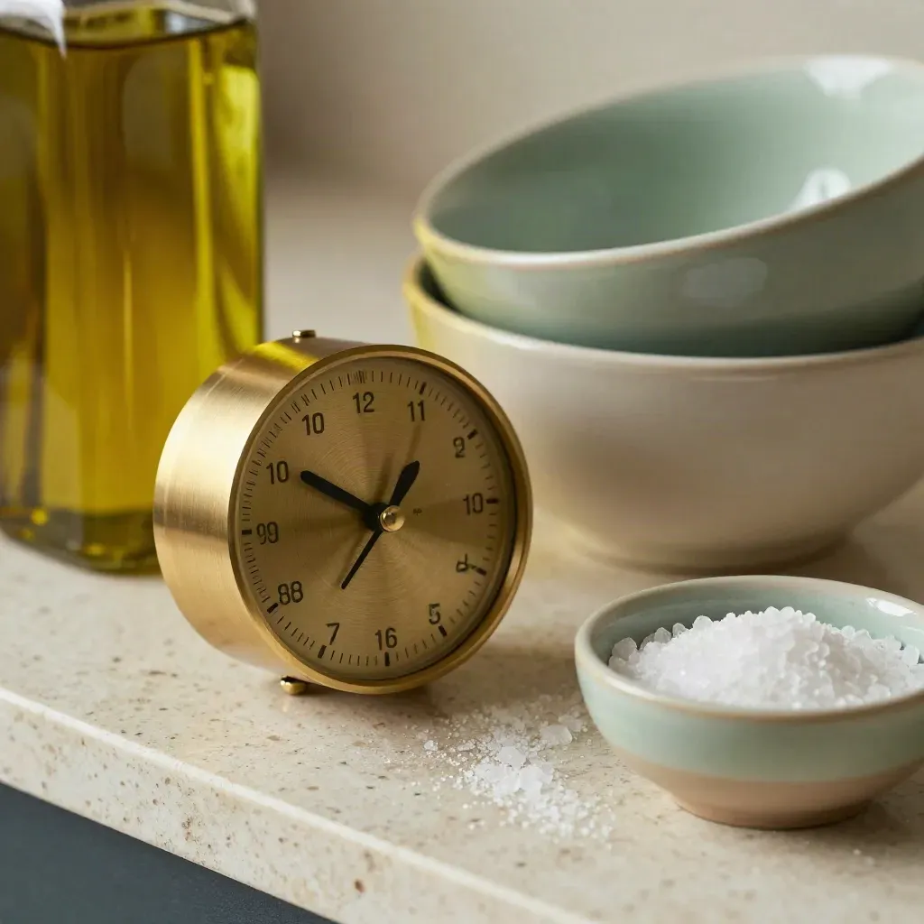Brass timer, olive oil bottle, salt bowl and ceramic bowls on travertine with salt mist.