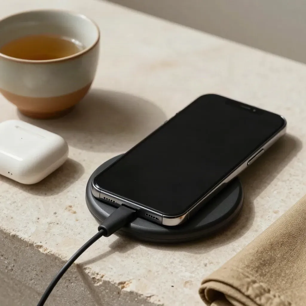 Face-down smartphone on a charger beside a teacup and earbuds on pale stone.