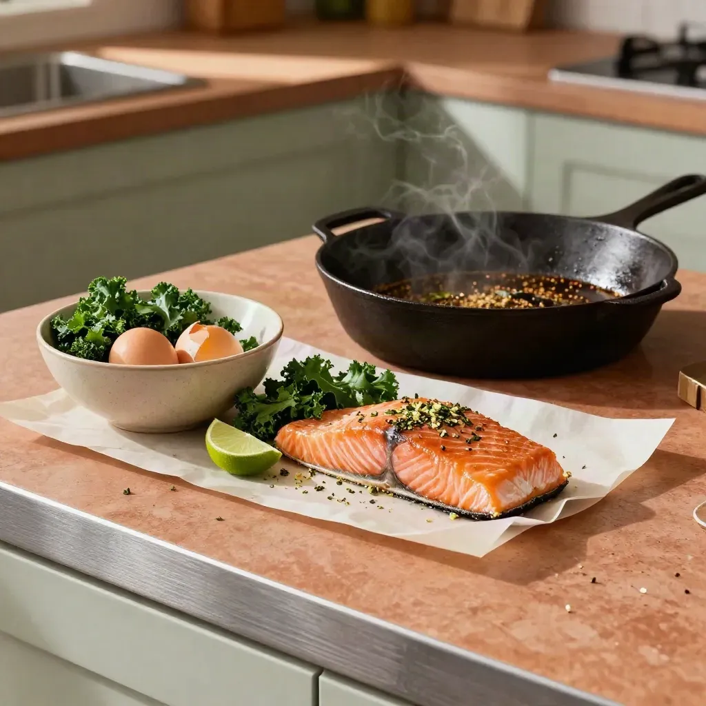 Salmon, eggs, herbs and chopped greens beside a cast-iron pan on terracotta prep.