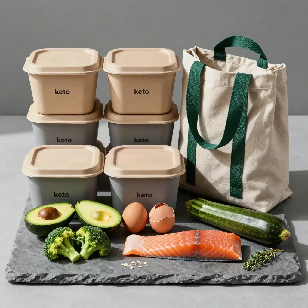Keto meal boxes, linen tote and fresh low-carb ingredients on stone for week one.