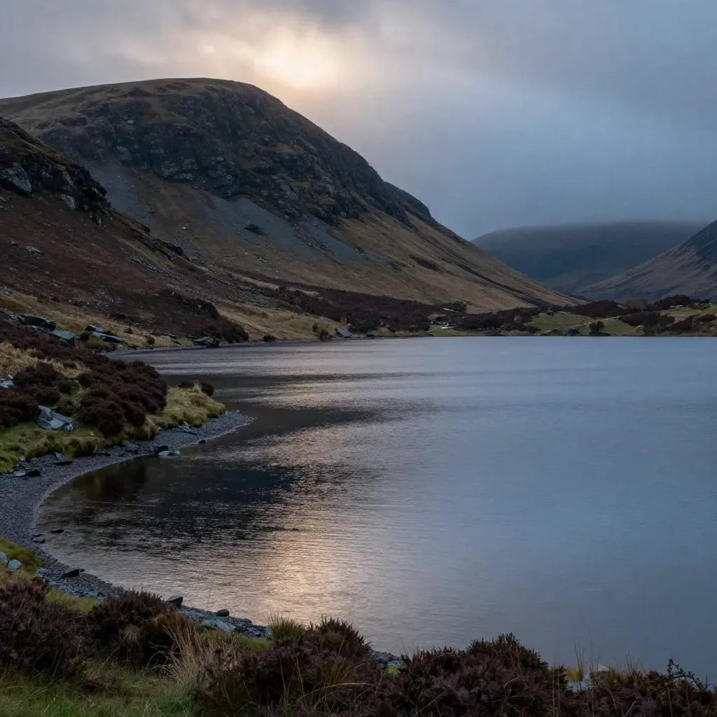 Blue-hour Lake District tarn with a fell ridge above glassy water and rain haze